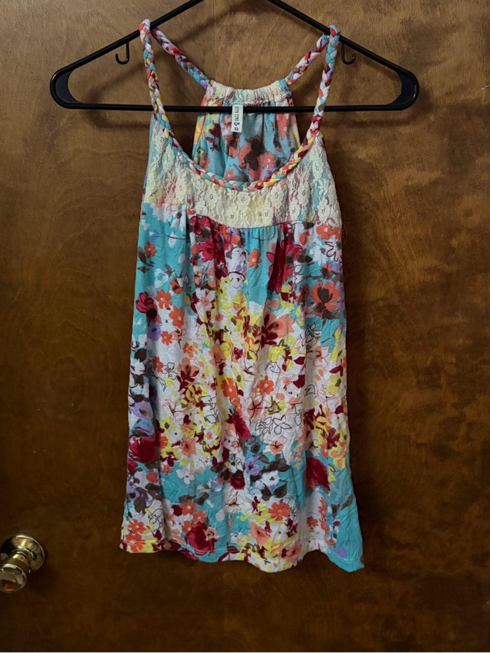 Women’s Full Tilt Floral Lace-Trim Braided-Strap Camisole - Aqua Multi XL